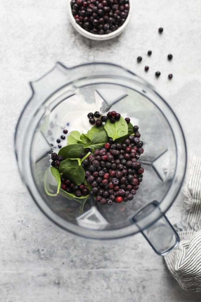 Looking down into blender filled with milk, spinach and wild blueberries