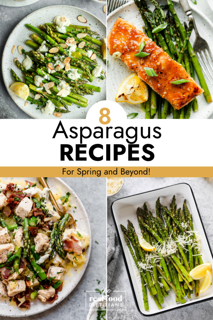 Collage of asparagus recipes, side dish and entree with text overlay