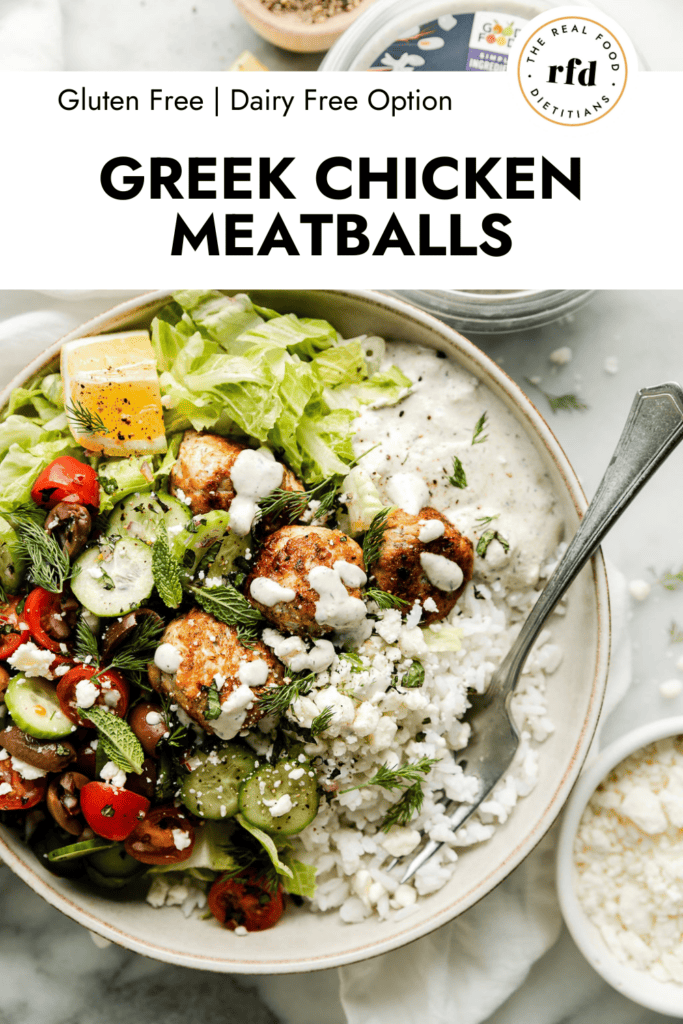 Greek chicken meatballs served over salad and rice with cucumber, tomatoes, kalamata olives and tzatziki sauce.