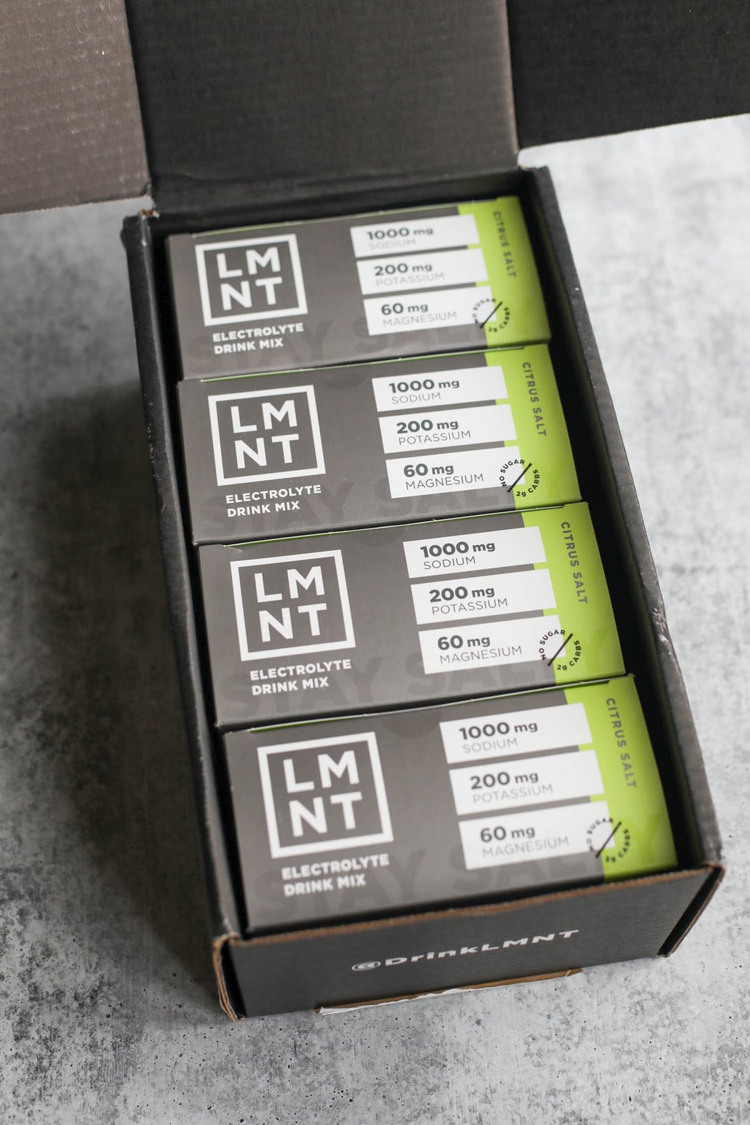 Boxes of LMNT Electrolyte Drink Mix.