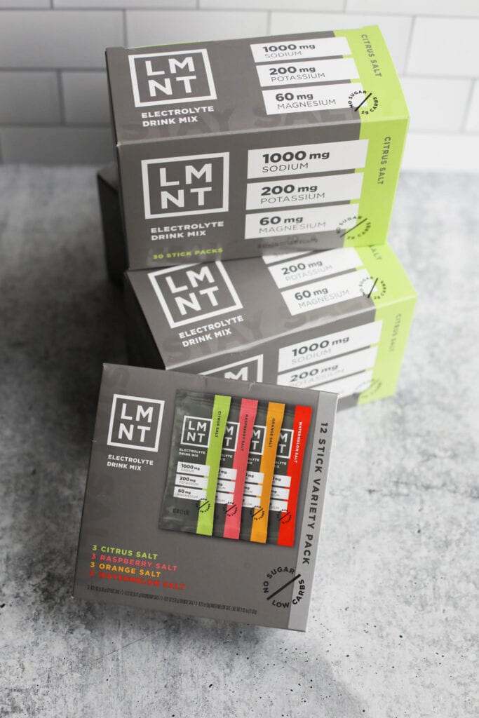 LMNT Electrolyte Drink Mix boxes
