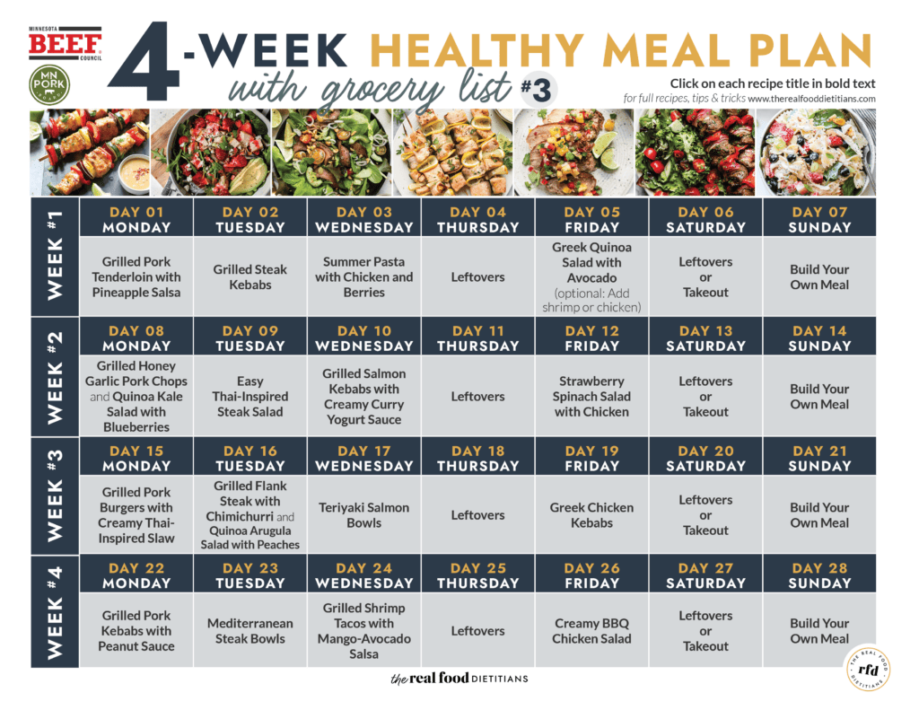 4 Week Summer Meal Plan on calendar layout with images of meals 