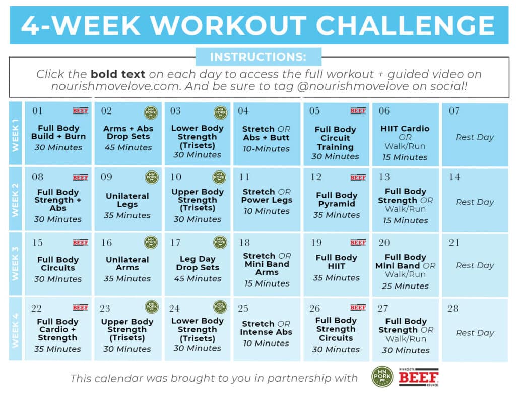 4 Week workout challenge on calendar layout