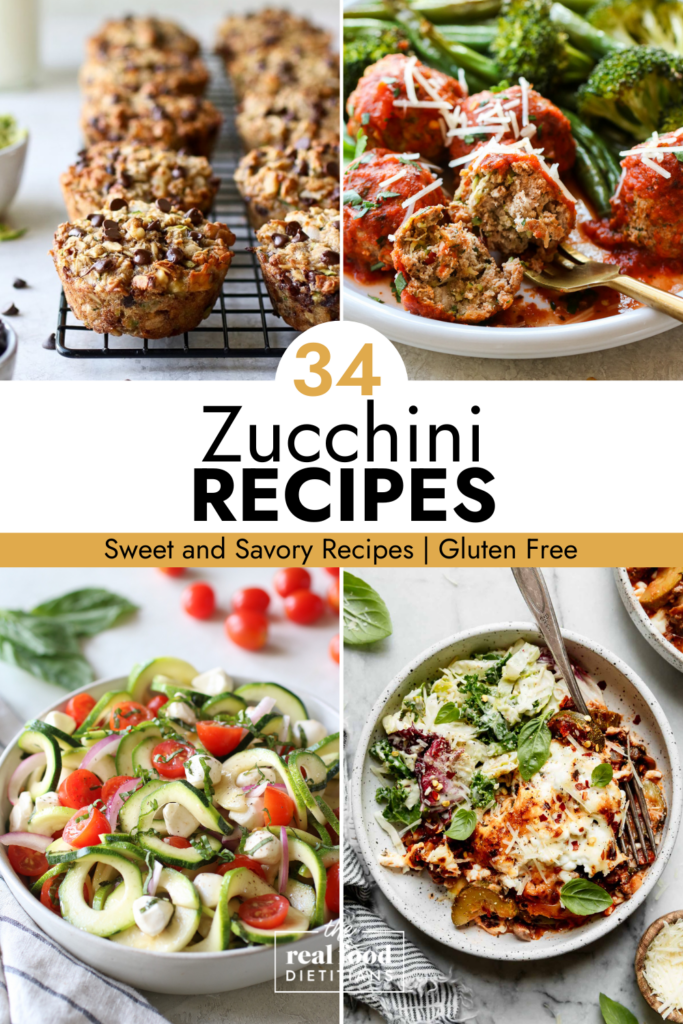 Collage of recipes featuring zucchini; zucchini bread, zucchini Italian meatballs, zucchini caprese salad and zucchini lasagna.