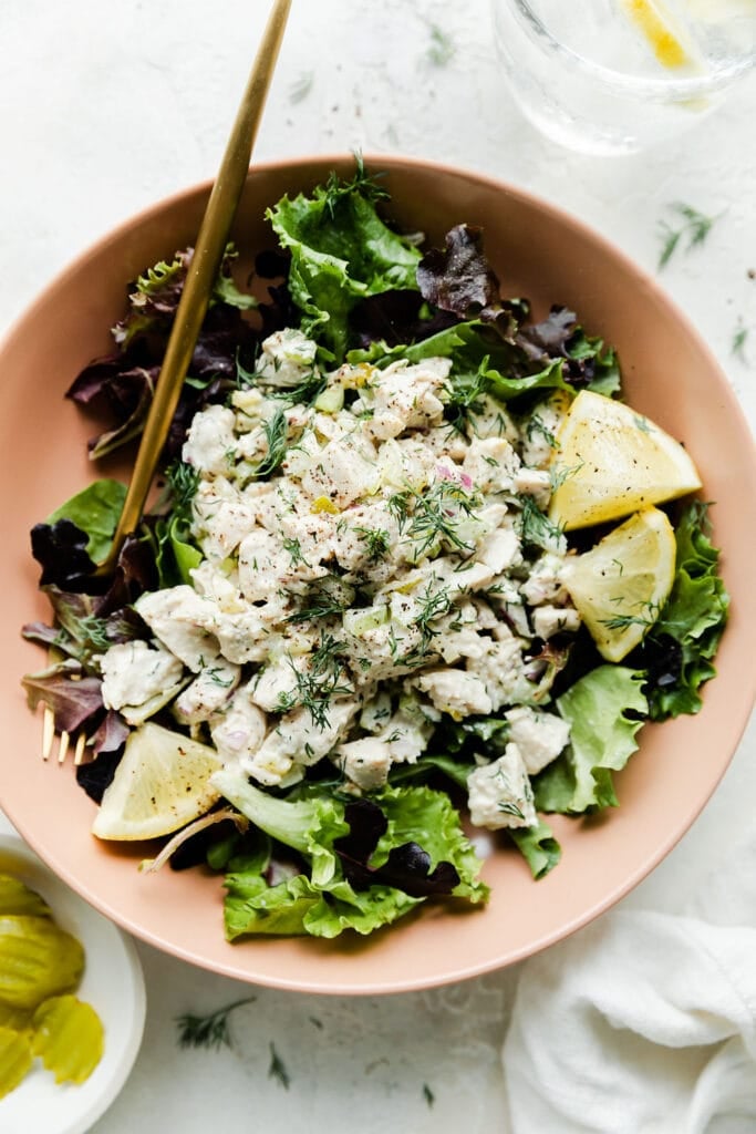 Overhead view dill pickle chicken salad served over mixed greens in pink bowl.