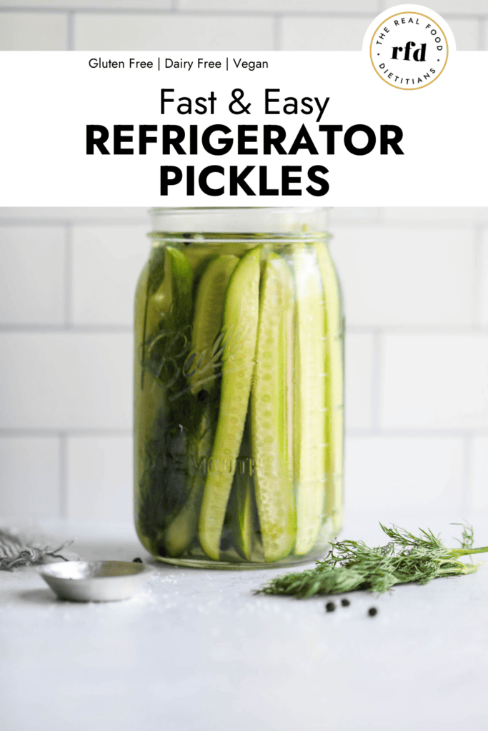 Side view glass mason jar filled with refrigerator pickles