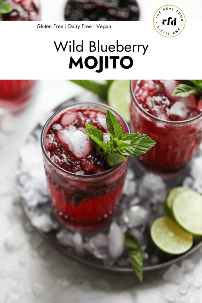 Overhead view glasses of blueberry mojitos with fresh mint