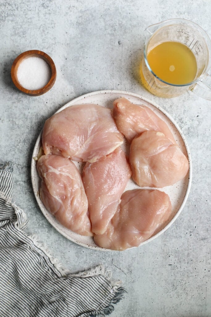 An overhead view of chicken breast, salt, and broth that will be used to make Instant Pot shredded chicken.