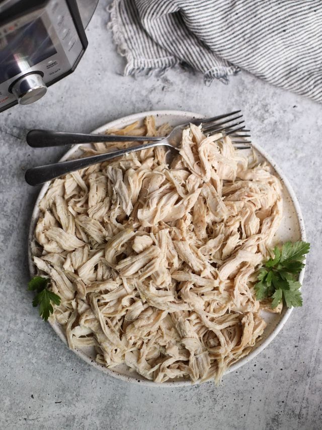 Overhead view of a plate of freshly shredded cooked chicken with 2 forks on the side. 