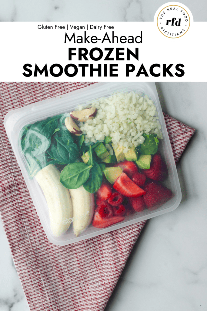 Reusable bag filled with smoothie ingredients for a DIY make ahead frozen smoothie pack