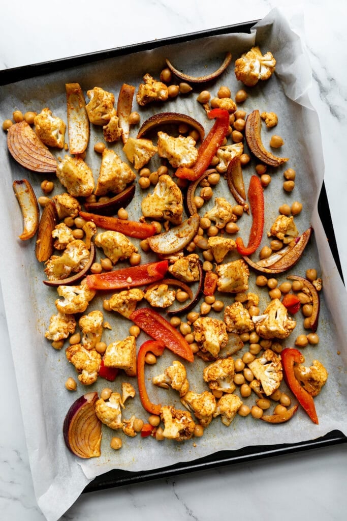 A sheet pan of roasted veggies and chickpeas