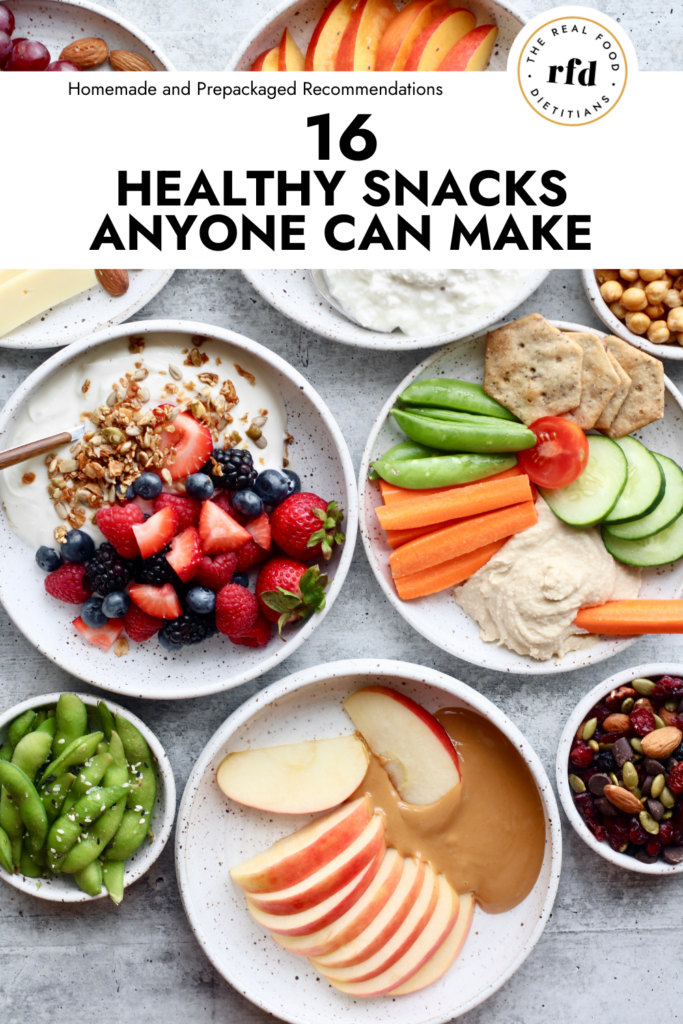 Overhead view several plates of different healthy snack options