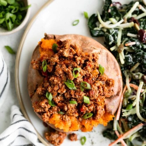 Overhead view baked sweet potato topped with sloppy joes