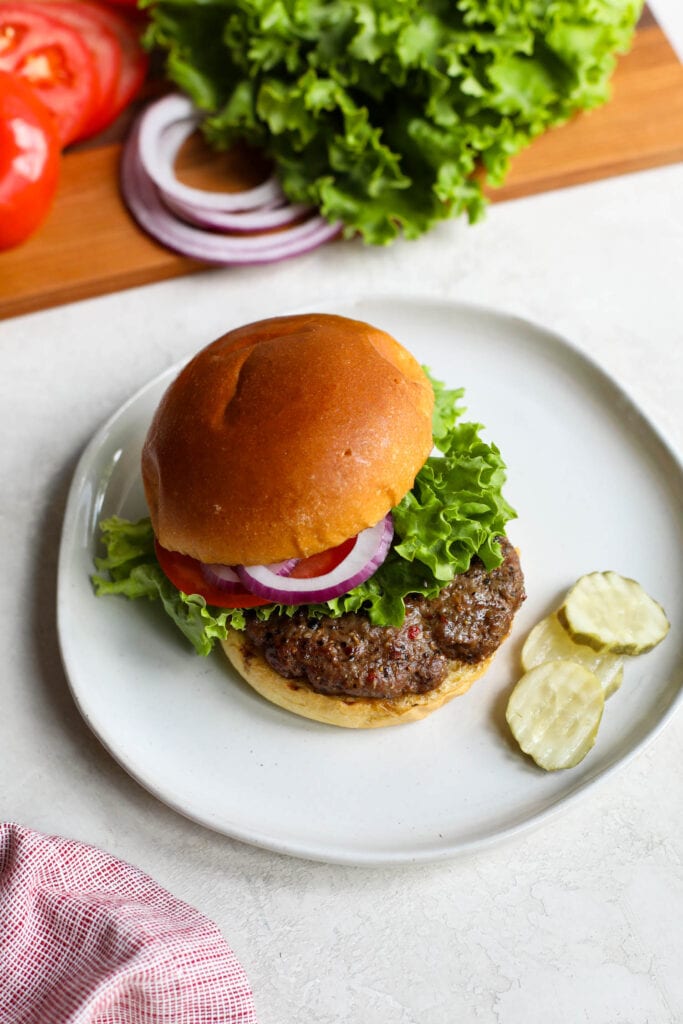 Grilled grass fed beef burger in bun with lettuce, tomato, and red onion, on white plate
