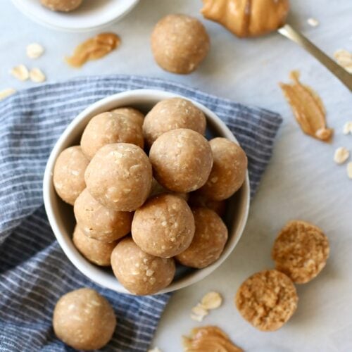 Overhead view peanut butter bites in white bowl