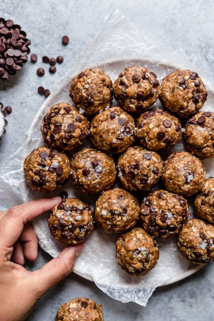 Peanut Butter Chocolate Chip Energy Bites on a plate.