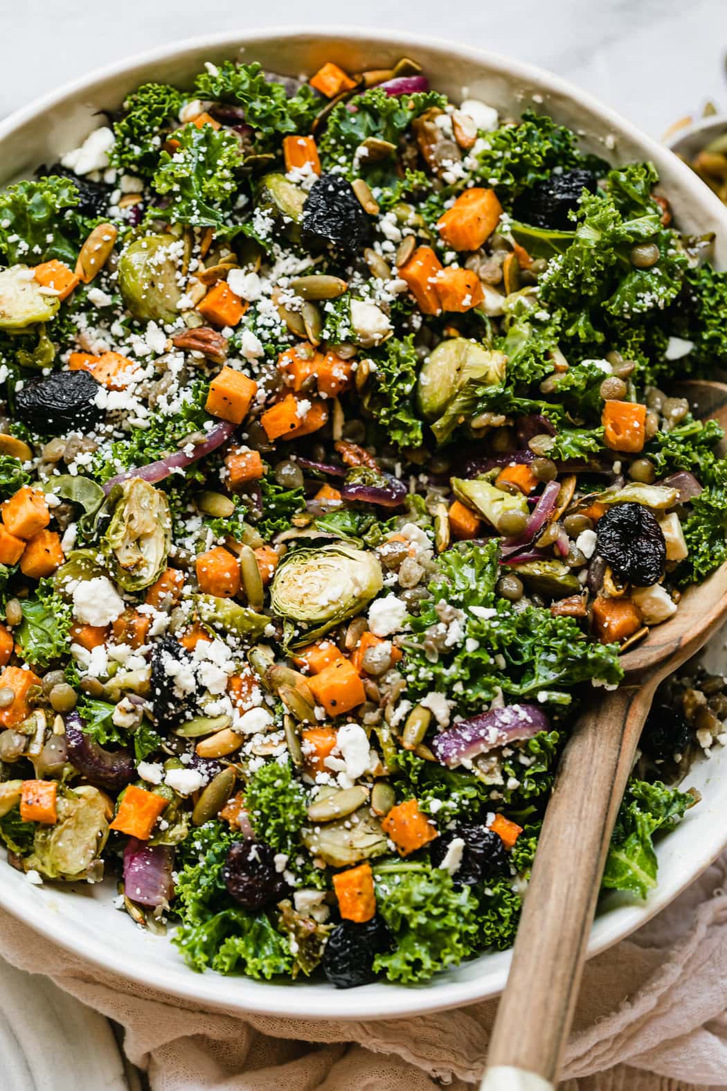 Close up view lentil salad with roasted vegetables topped with feta cheese in serving bowl