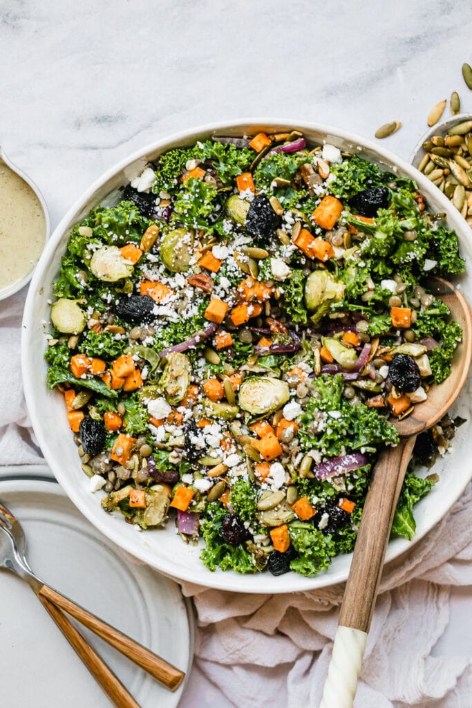 Overhead view stone serving bowl filled with lentil salad with roasted vegetables topped with feta