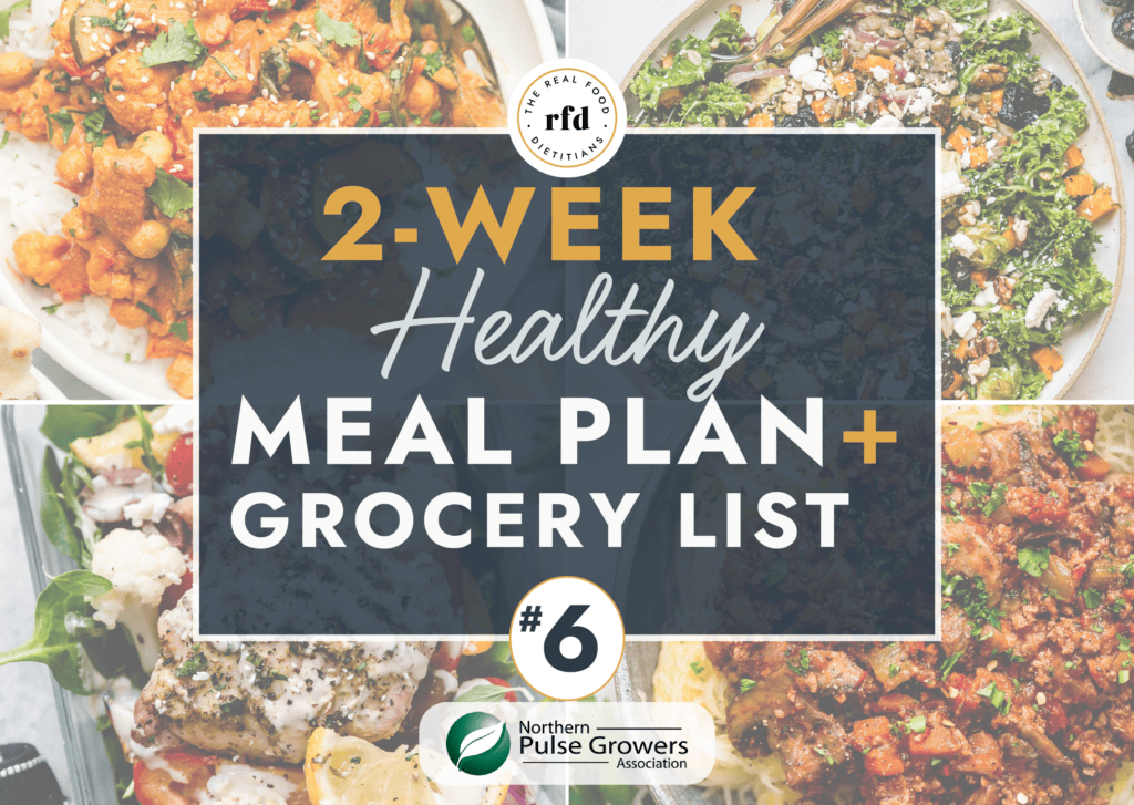 Collage of healthy meals with text overlay for 2 week healthy meal plan and grocery list
