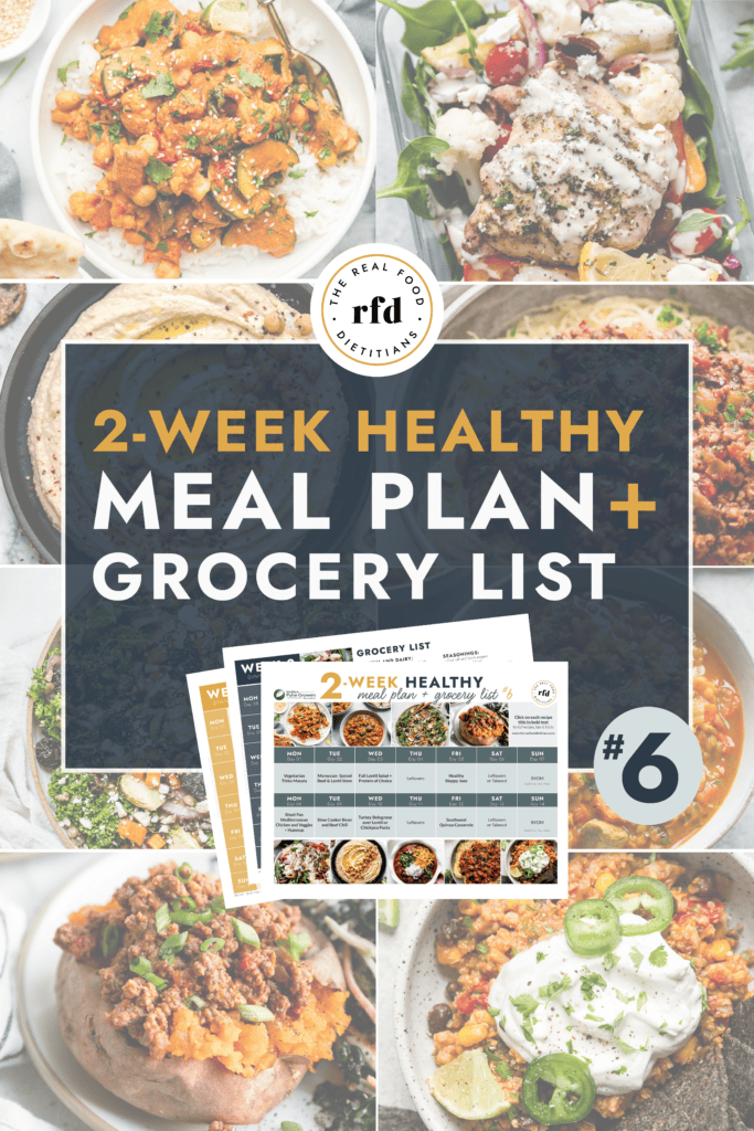 Collage of healthy meals with text overlay for a 2 week healthy meal plan and grocery list