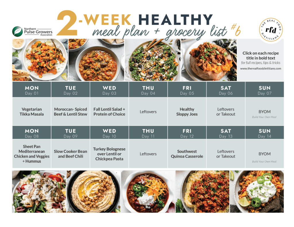 2 week calendar for a healthy meal plan with pictures of each recipe for the 2 weeks. 