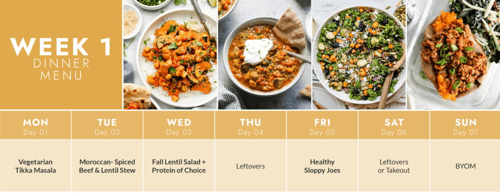Week one calendar for healthy meals