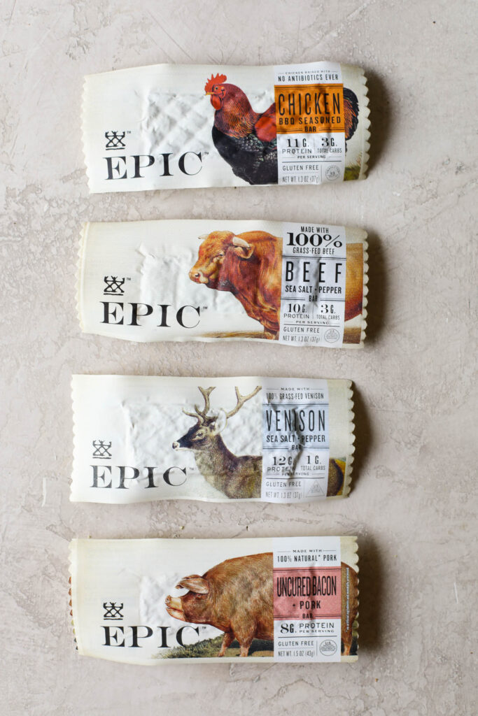Overhead view Epic meat bars as part of the best protein bars to buy