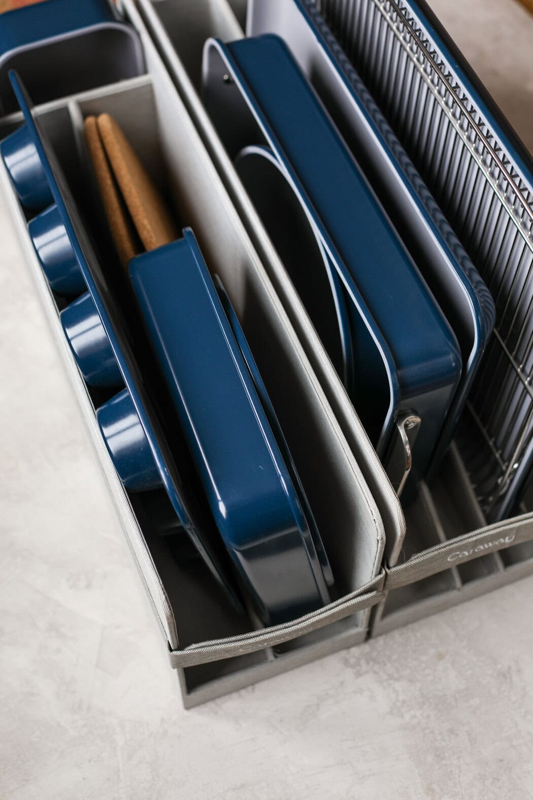 Overhead view of a variety of navy-blue caraway bakeware. 