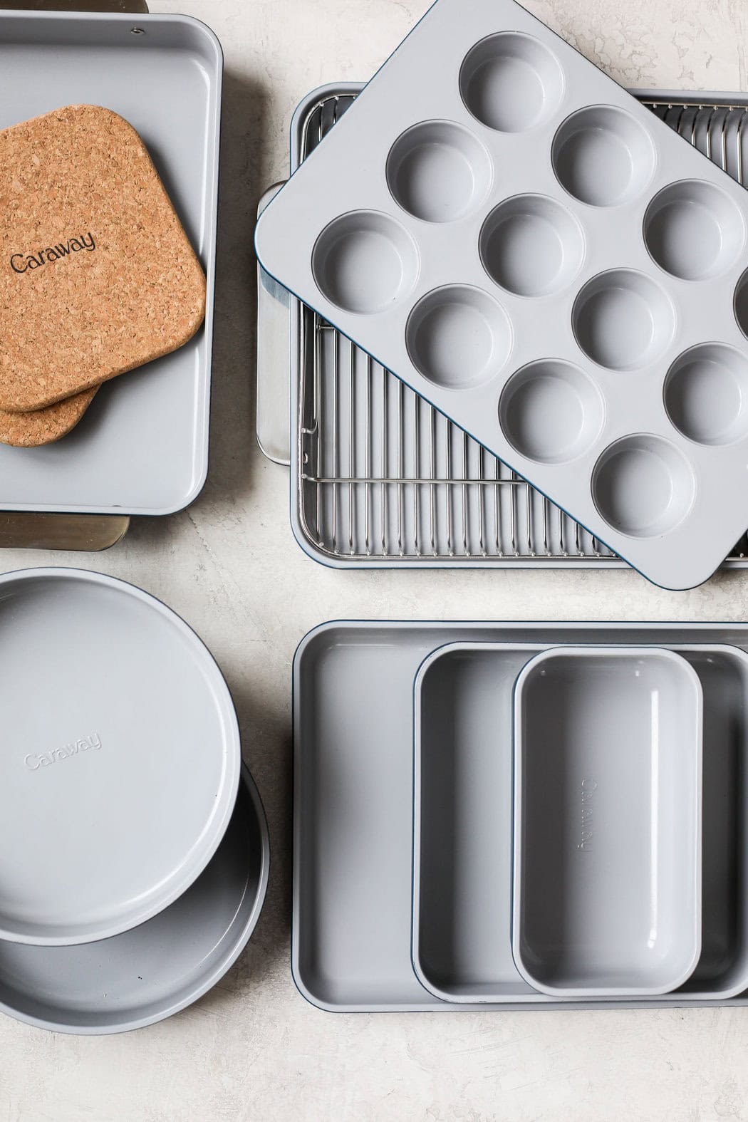 Overhead view of a variety of Caraway bakeware. 