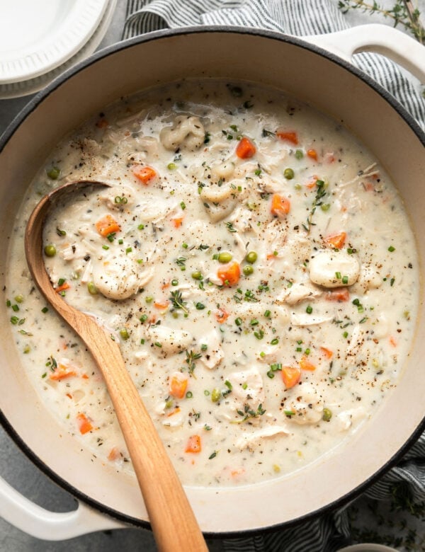 An overhead view of a pot of Chicken and Dumpling soup ready to be ladled into bowls.