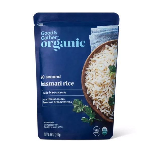 Blue package of cooked rice from Good and Gather