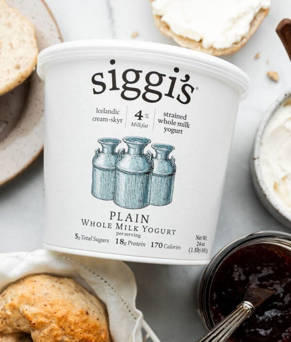 Close up view container of Siggi's plain whole milk yogurt