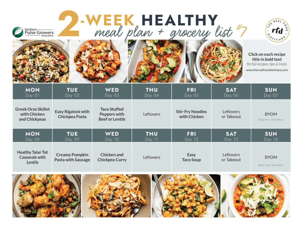 Calendar of 2 weeks of meal plans including recipes plated surrounding the days. 