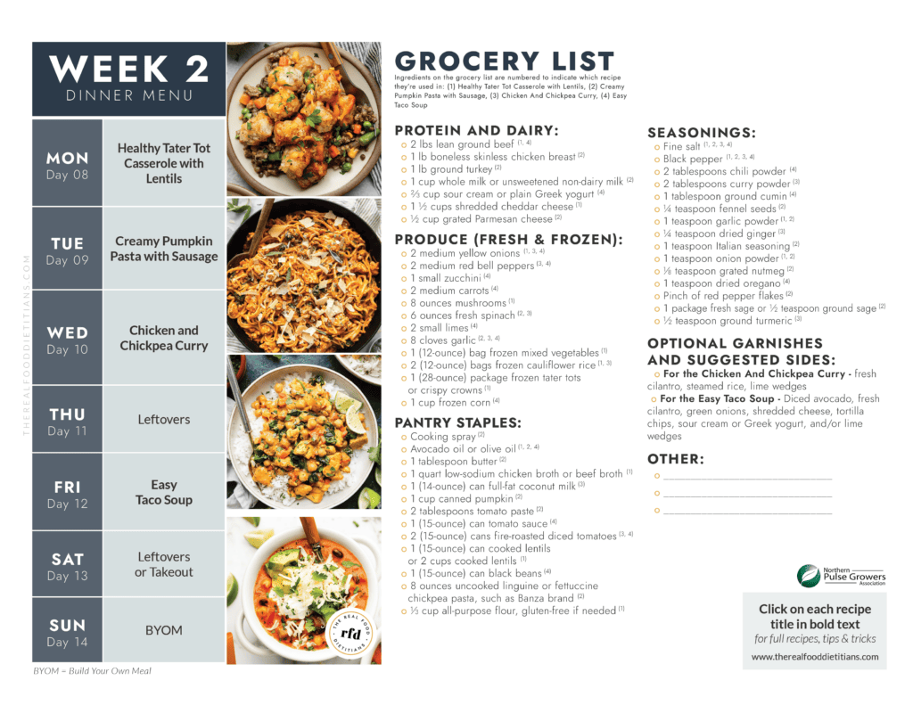 Week 2 Dinner Menu and Grocery List with calendar and plated recipes. 
