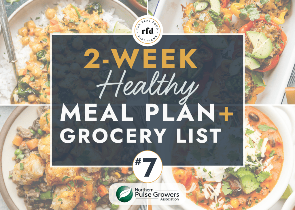 Overhead view of 4 dishes from this 2 week healthy meal plan, including hearty winter dishes. 