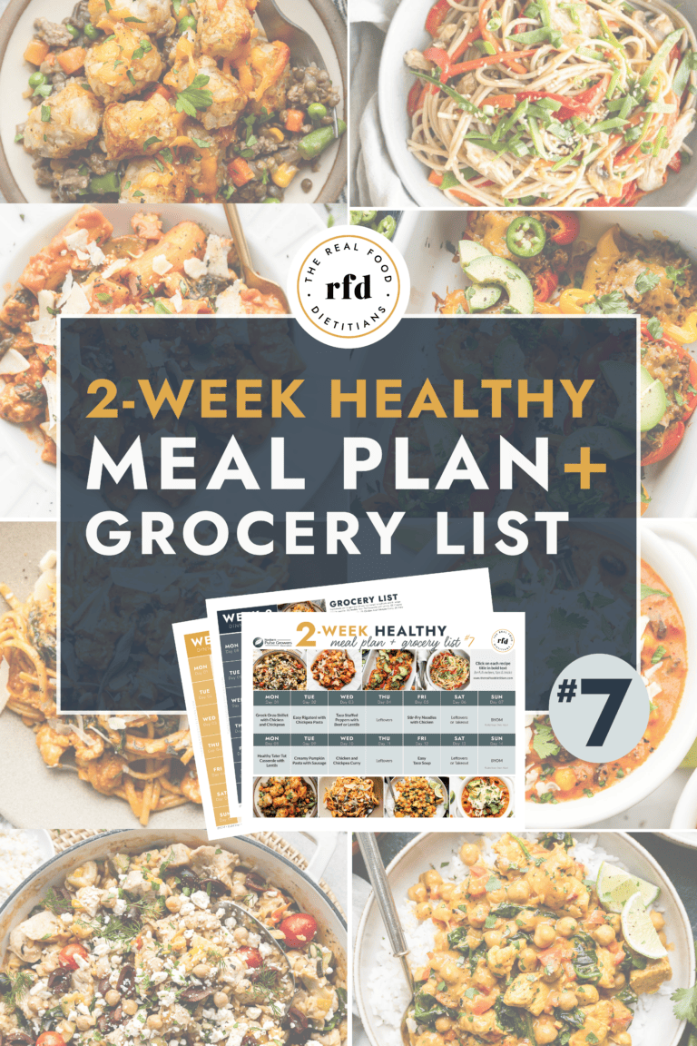 Collage of healthy recipes with text overlay for 2 week meal plan with grocery lists