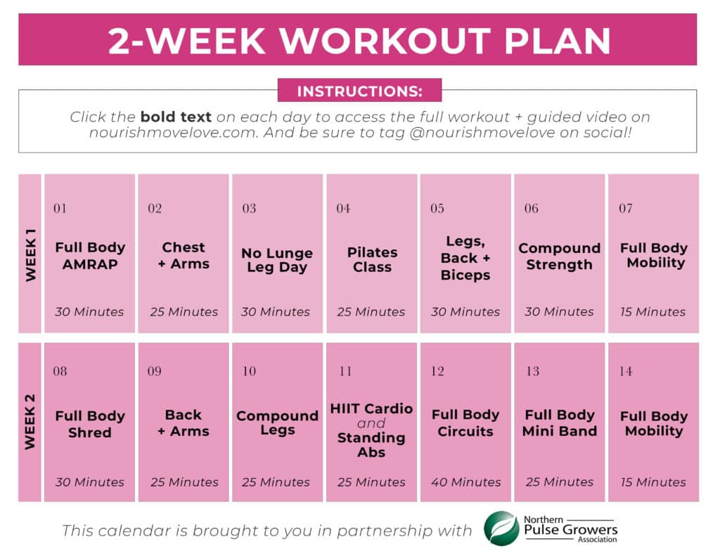 2 Week calendar with workouts on each day. 