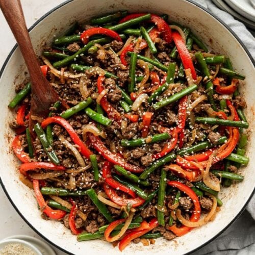 Overhead view skillet filled with ground beef stir fry