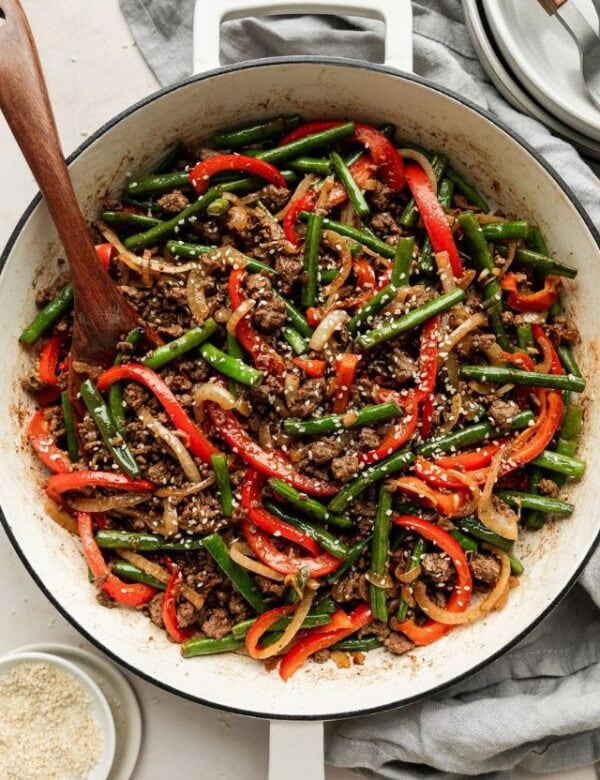 Overhead view skillet filled with ground beef stir fry