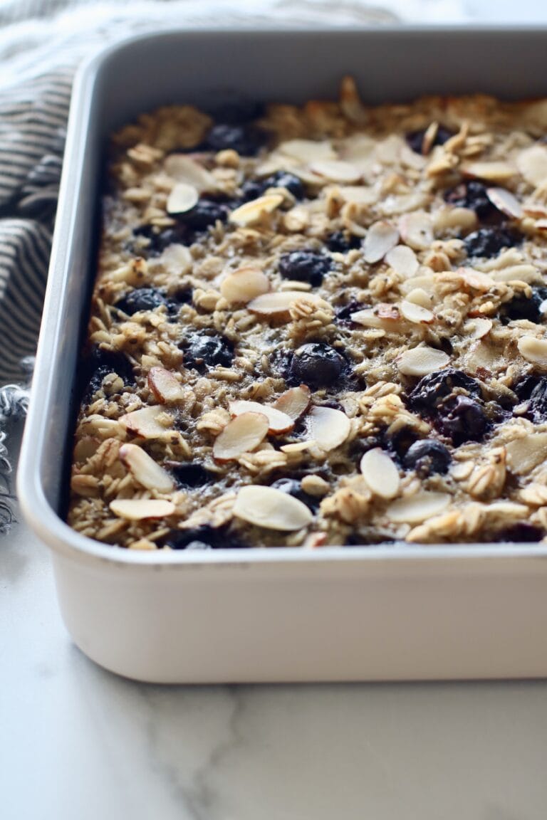 Close up view of a freshly baked blueberry baked oatmeal in a Caraway Bakeware pan.
