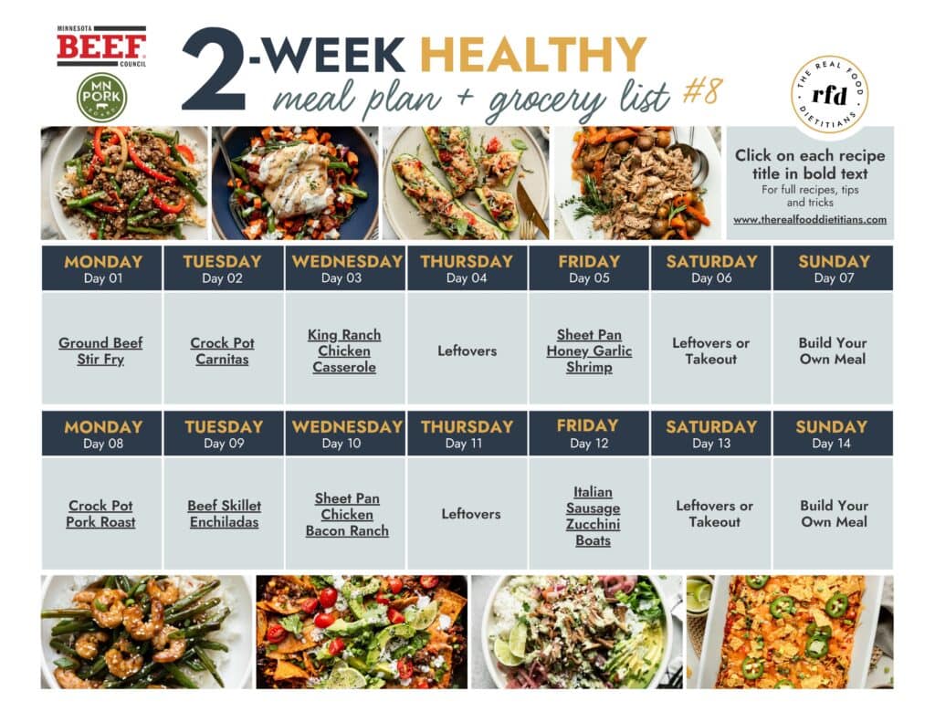 Calendar view of 2-week meal plan with recipe images. 