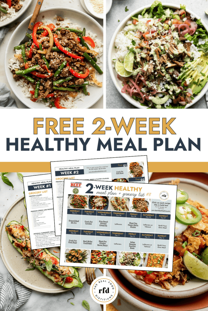 Image of 4 dishes featured in the 2-Week Healthy Meal Plan #8 with smaller images of the menu and grocery lists overlayed. 
