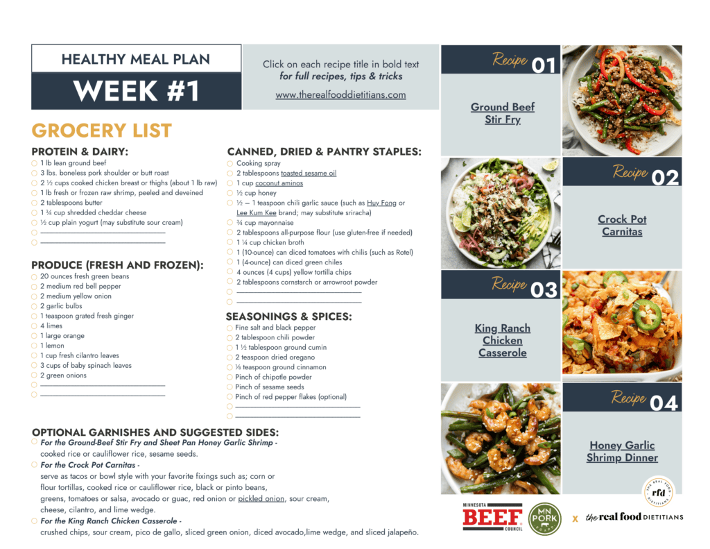 Week 1 healthy meal plan grocery list with recipe images. 
