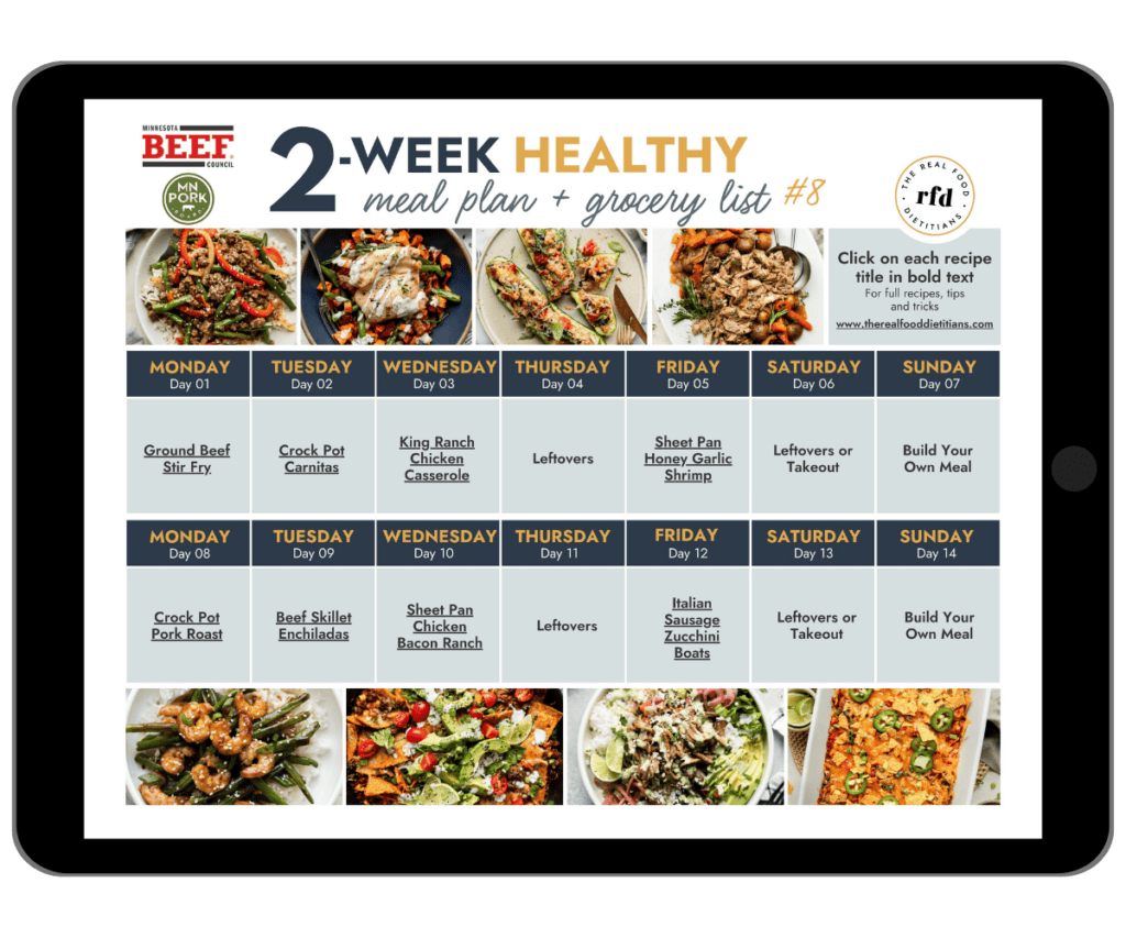 2-week calendar view of meal plan with recipe images. 
