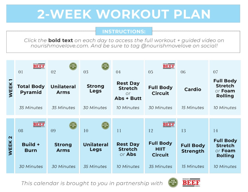 2 week workout plan on a calendar view. 