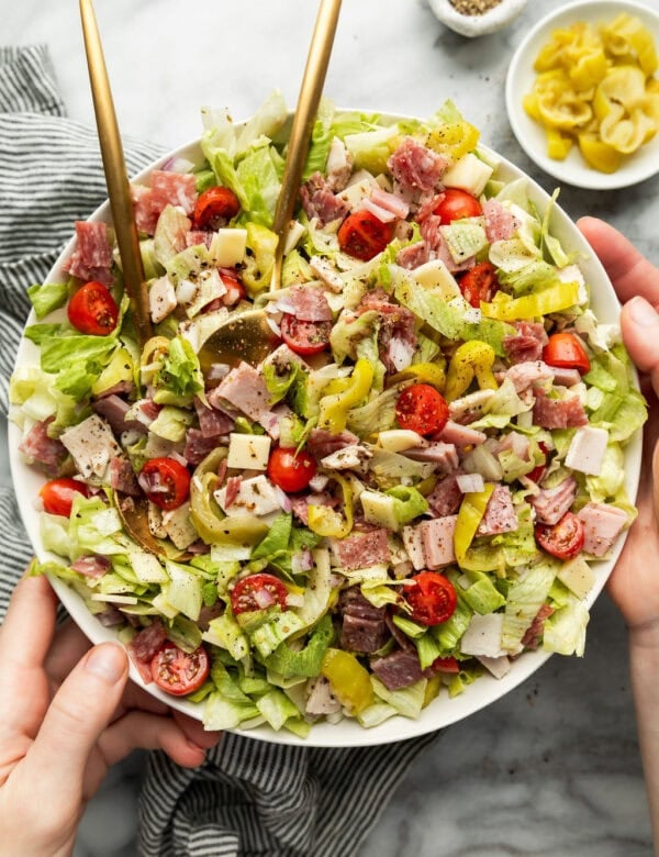 Overhead view sub in a tub salad served in a white bowl