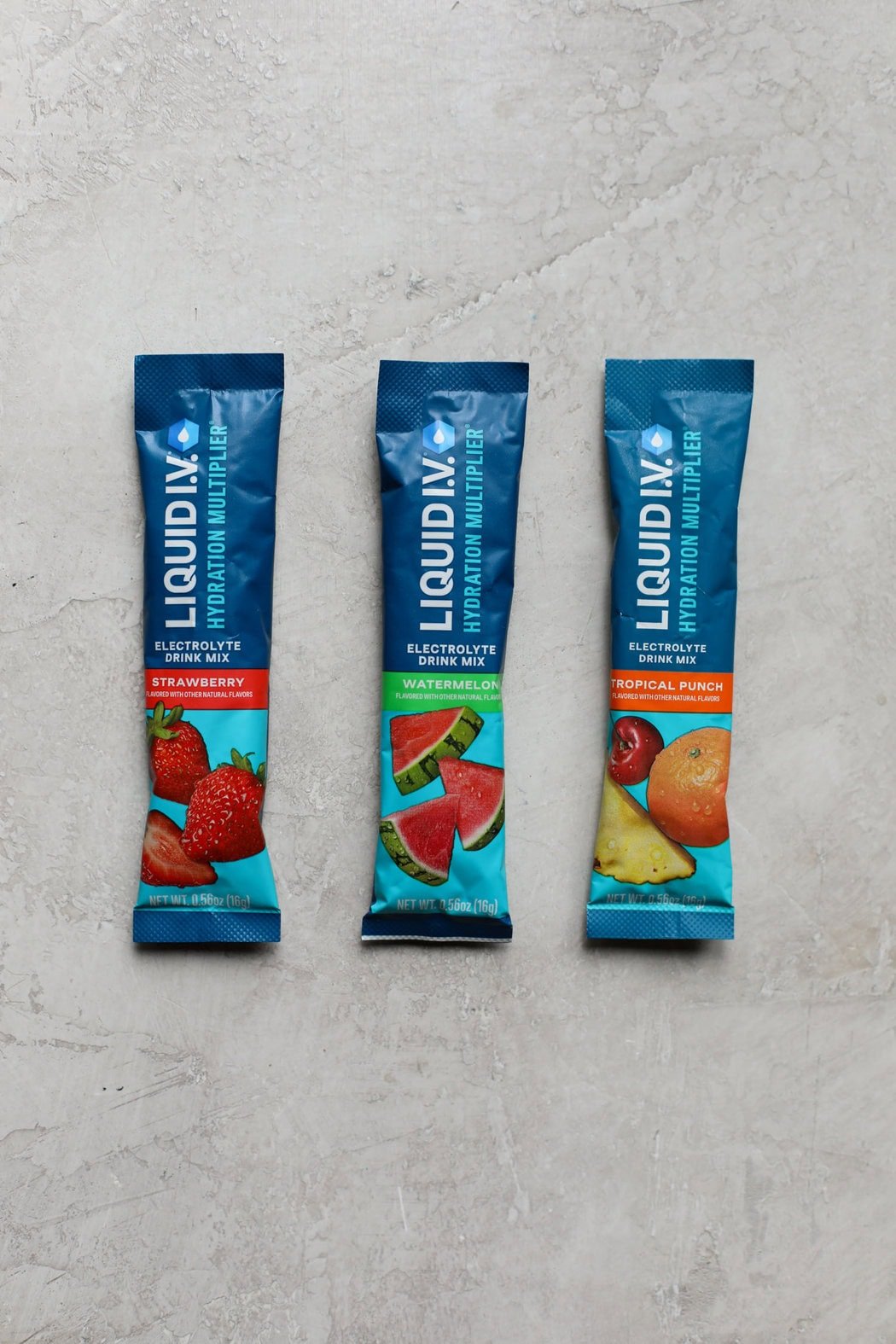 Three packets of liquid IV hydration drink mix. 