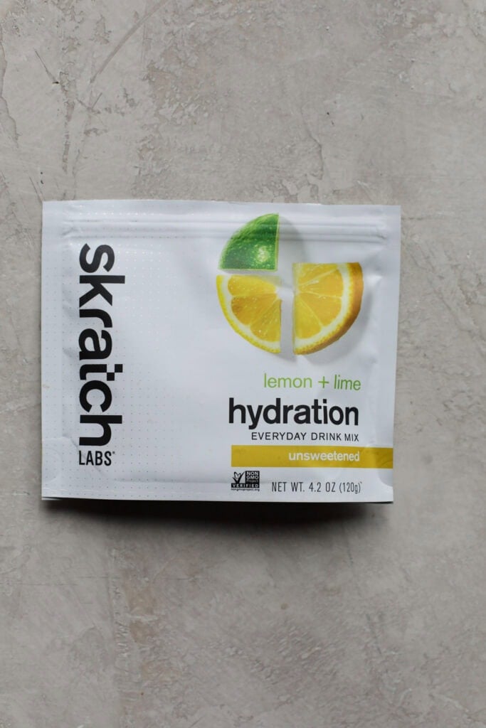 A bag of lemon lime skratch hydration drink mix.