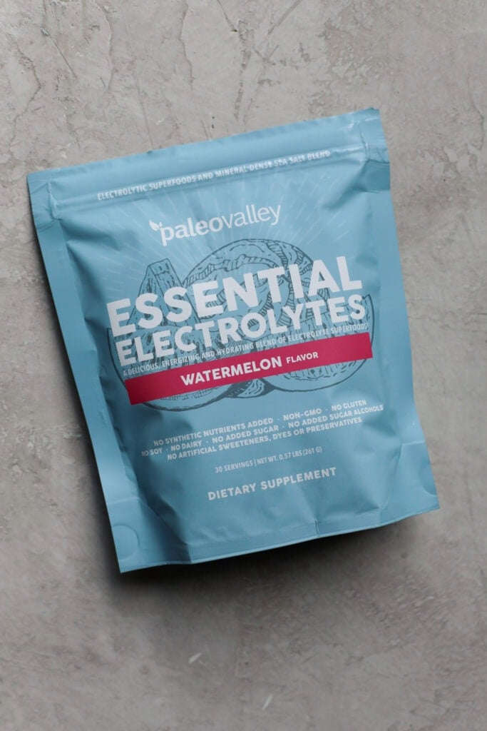 A bag of watermelon flavored Paleo Valley essential electrolyte drink mix. 