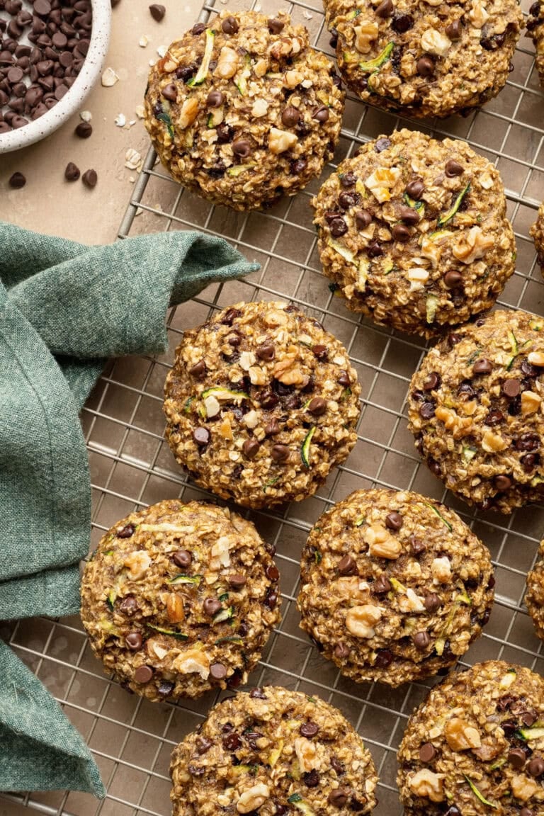 Zucchni breakfast cookies on a wire rack.